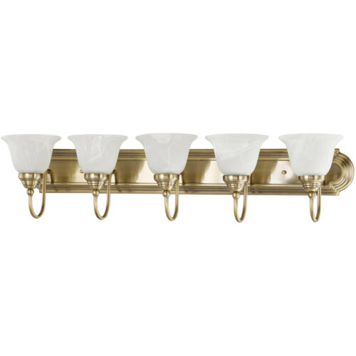 36 inch 5 Light Antique Brass Bathroom Vanity light fixture with White Alabaster Glass Shade-Lighting LumensBath/Vanity