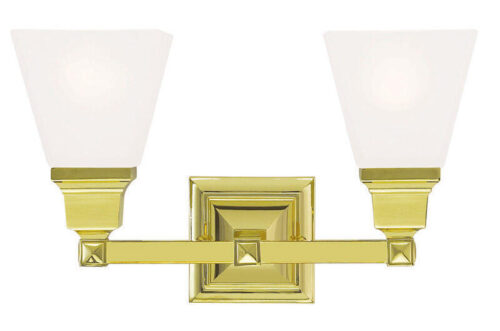 15 inch 2 Light Polished Brass Bathroom Vanity light fixture with Satin Glass Shade-Lighting LumensBath/Vanity