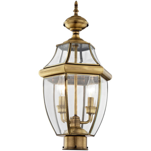 2 Light Antique Brass Outdoor Post Lantern Pendant Lighting Fixture with Clear Beveled Glass Shade-Lighting LumensLantern