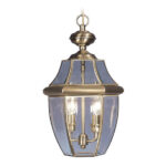 2 Light Antique Brass Outdoor Chain Lantern Pendant Lighting Fixture with Clear Beveled Glass Shade-Lighting LumensLantern