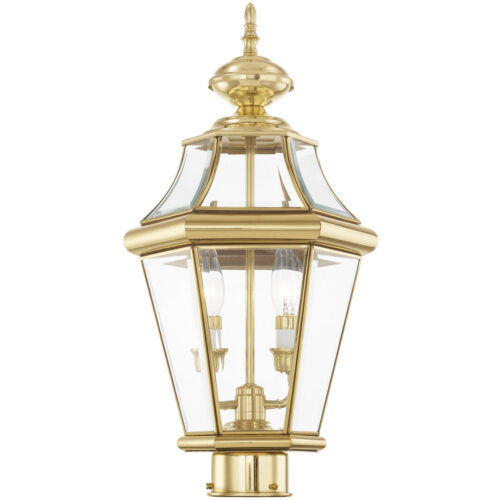 2 Light Polished Brass Outdoor Post Lantern Pendant Lighting Fixture with Clear Beveled Glass Shade-Lighting LumensLantern