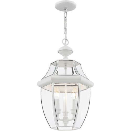 3 Light White Outdoor Chain Lantern Pendant Lighting Fixture with Clear Beveled Glass Shade-Lighting LumensLantern