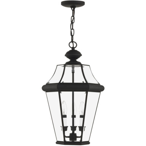 3 Light Black Outdoor Chain Lantern Pendant Lighting Fixture with Clear Beveled Glass Shade-Lighting LumensLantern