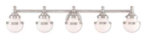 42.5 inch 5 Light Polished Chrome Bathroom Vanity light fixture with Hand Blown Satin Opal White Glass Shade-Lighting LumensBath/Vanity