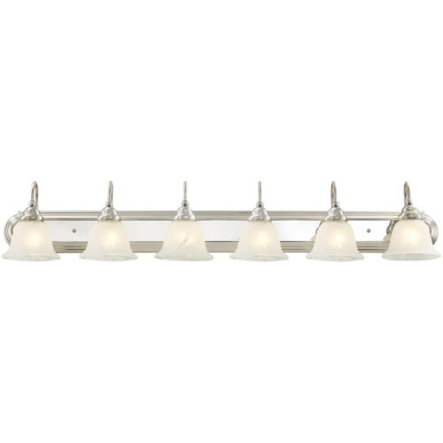 48 inch 6 Light Brushed Nickel & Polished Chrome Bathroom Vanity light fixture with White Alabaster Glass Shade-Lighting LumensBath/Vanity