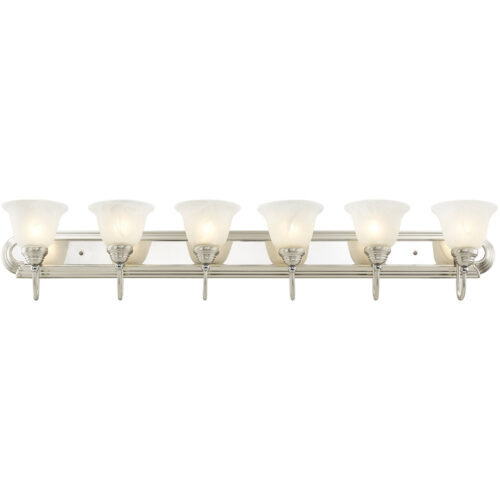 48 inch 6 Light Brushed Nickel & Polished Chrome Bathroom Vanity light fixture with White Alabaster Glass Shade-Lighting LumensBath/Vanity