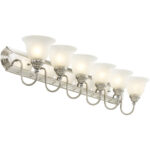 48 inch 6 Light Brushed Nickel & Polished Chrome Bathroom Vanity light fixture with White Alabaster Glass Shade-Lighting LumensBath/Vanity