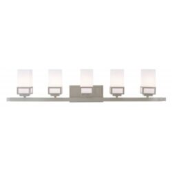 42.5 inch 5 Light Brushed Nickel Bathroom Vanity light fixture with Hand Blown Satin Opal White Glass Shade-Lighting LumensBath/Vanity