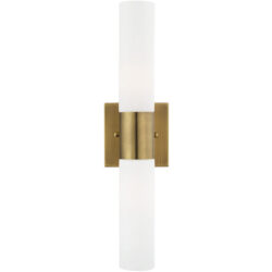 17.75 inch 2 Light Antique Brass ADA Bathroom Vanity light fixture with Hand Blown Satin Opal White Twist Lock Glass Shade-Lighting LumensBath/Vanity