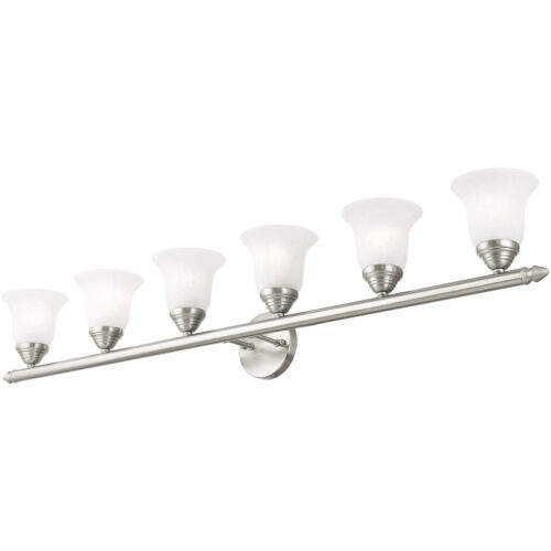 48 inch 6 Light Brushed Nickel Bathroom Vanity light fixture with White Alabaster Glass Shade-Lighting LumensBath/Vanity
