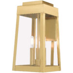 8.25 inch 3 Light Satin Brass Outdoor Wall Lantern with Clear Glass Shade-Lighting LumensLantern