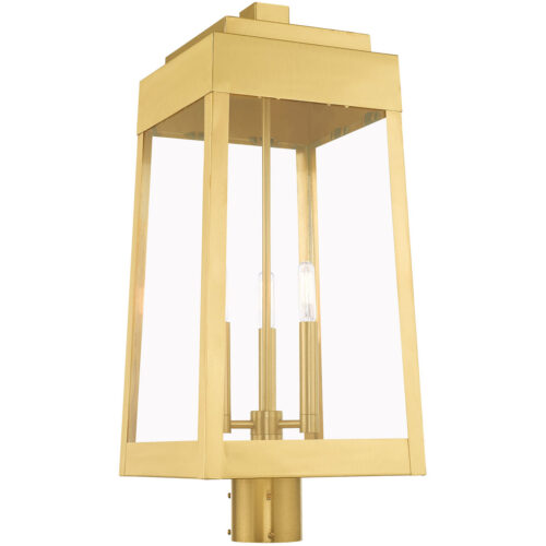 10.5 inch 3 Light Satin Brass Outdoor Post Top Lantern with Clear Glass Shade-Lighting LumensLantern