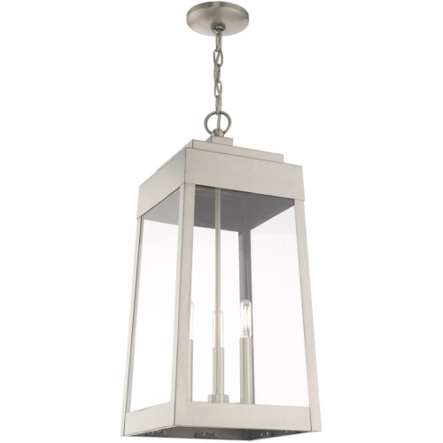 10.5 inch 3 Light Brushed Nickel Outdoor Pendant Lantern with Clear Glass Shade-Lighting LumensLantern