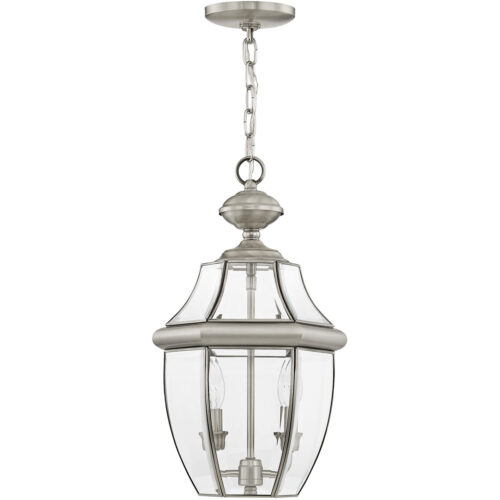 2 Light Brushed Nickel Outdoor Chain Lantern Pendant Lighting Fixture with Clear Beveled Glass Shade-Lighting LumensLantern