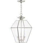 12 inch 3 Light Brushed Nickel Outdoor Chain-Hang Lantern Pendant Lighting Fixture with Clear Beveled Glass Shade-Lighting LumensLantern