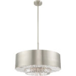 6 Light Brushed Nickel Pendant Chandelier with Clear Faceted Crystal Bars/ Brushed Nickel Metal Shade-Lighting LumensChandeliers