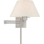 13 inch 1 Light Brushed Nickel Swing Arm Wall Lamp with Hand Crafted Oatmeal Fabric Hardback Shade-Lighting LumensWall Lamps