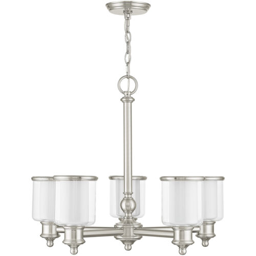 5 Light Brushed Nickel Chandelier with Clear Glass & Satin Opal White Glass Shade-Lighting LumensChandeliers