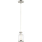 1 Light Brushed Nickel Mini Pendant with Hand Blown Clear & Opal White Glass Shade-Lighting LumensPendant Lights