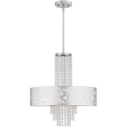4 Light Polished Chrome Pendant Chandelier with Off-White Fabric Hardback Inside & Clear Crystals Shade-Lighting LumensChandeliers