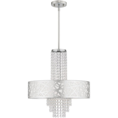 4 Light Polished Chrome Pendant Chandelier with Off-White Fabric Hardback Inside & Clear Crystals Shade-Lighting LumensChandeliers