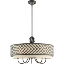 6 Light English Bronze Pendant Chandelier with Hand Crafted Oatmeal Color Fabric Shade-Lighting LumensChandeliers