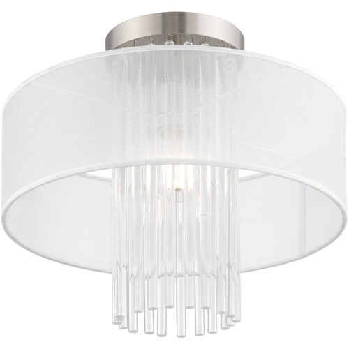 1 Light Brushed Nickel Ceiling Light fixture with Clear Crystal Rods/ Hand Crafted Translucent Fabric Shade-Lighting LumensFlush Mount Ceiling Lights