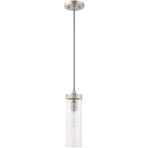 41236-91_02 1 Light Brushed Nickel Mini Pendant with Clear Glass Shade-Lighting LumensPendant Lights