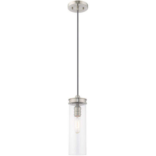 41236-91_03 1 Light Brushed Nickel Mini Pendant with Clear Glass Shade-Lighting LumensPendant Lights