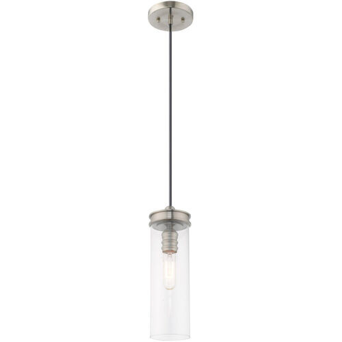 41236-91_04 1 Light Brushed Nickel Mini Pendant with Clear Glass Shade-Lighting LumensPendant Lights