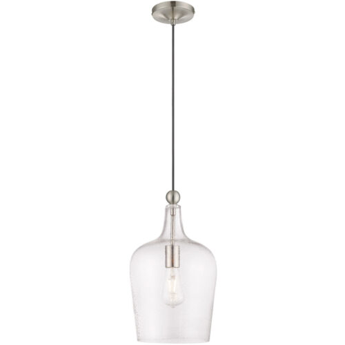 41237-91_01 1 Light Brushed Nickel Mini Pendant with Clear Glass Shade-Lighting LumensPendant Lights