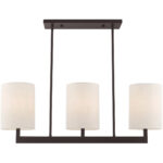 42426-07_01 7.5 inch 3 Light Bronze Linear Chandelier with Hand Crafted Oatmeal Color Fabric Outside & White Fabric Inside Hardback Shade-Lighting LumensChandeliers