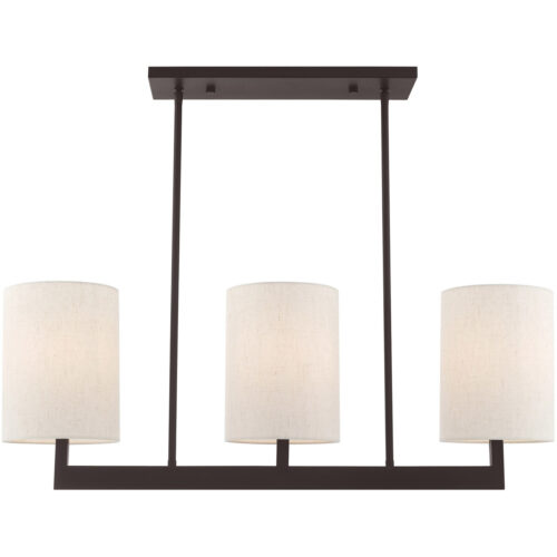42426-07_01 7.5 inch 3 Light Bronze Linear Chandelier with Hand Crafted Oatmeal Color Fabric Outside & White Fabric Inside Hardback Shade-Lighting LumensChandeliers