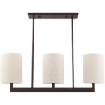42426-07_02 7.5 inch 3 Light Bronze Linear Chandelier with Hand Crafted Oatmeal Color Fabric Outside & White Fabric Inside Hardback Shade-Lighting LumensChandeliers