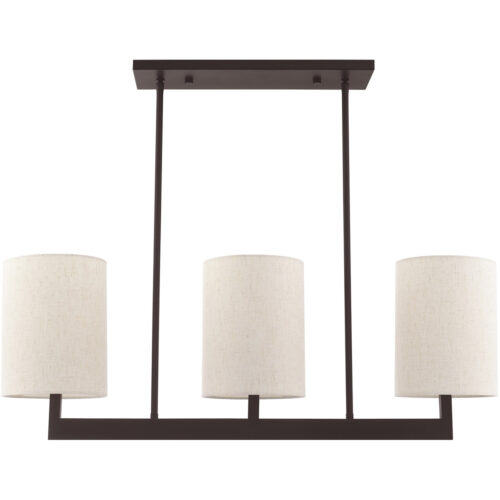 42426-07_02 7.5 inch 3 Light Bronze Linear Chandelier with Hand Crafted Oatmeal Color Fabric Outside & White Fabric Inside Hardback Shade-Lighting LumensChandeliers