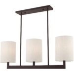 42426-07_03 7.5 inch 3 Light Bronze Linear Chandelier with Hand Crafted Oatmeal Color Fabric Outside & White Fabric Inside Hardback Shade-Lighting LumensChandeliers