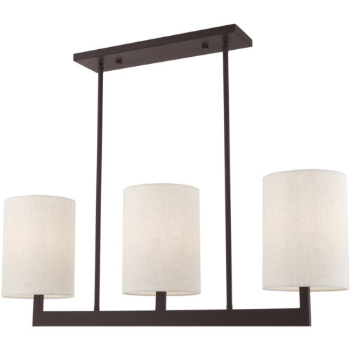 42426-07_03 7.5 inch 3 Light Bronze Linear Chandelier with Hand Crafted Oatmeal Color Fabric Outside & White Fabric Inside Hardback Shade-Lighting LumensChandeliers