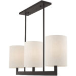 42426-07_04 7.5 inch 3 Light Bronze Linear Chandelier with Hand Crafted Oatmeal Color Fabric Outside & White Fabric Inside Hardback Shade-Lighting LumensChandeliers