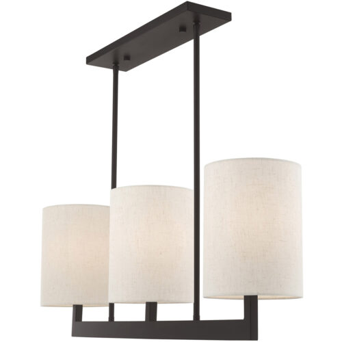 42426-07_04 7.5 inch 3 Light Bronze Linear Chandelier with Hand Crafted Oatmeal Color Fabric Outside & White Fabric Inside Hardback Shade-Lighting LumensChandeliers