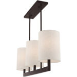 42426-07_05 7.5 inch 3 Light Bronze Linear Chandelier with Hand Crafted Oatmeal Color Fabric Outside & White Fabric Inside Hardback Shade-Lighting LumensChandeliers