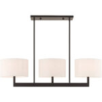 42427-07_01 11 inch 3 Light Bronze Linear Chandelier with Hand Crafted Oatmeal Color Fabric Outside & White Fabric Inside Hardback Shade-Lighting LumensChandeliers