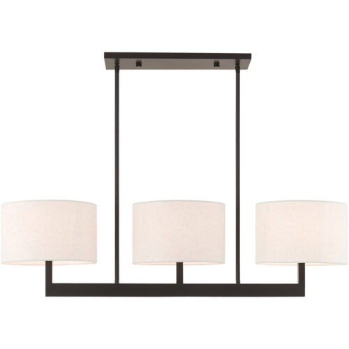 42427-07_01 11 inch 3 Light Bronze Linear Chandelier with Hand Crafted Oatmeal Color Fabric Outside & White Fabric Inside Hardback Shade-Lighting LumensChandeliers