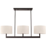 42427-07_02 11 inch 3 Light Bronze Linear Chandelier with Hand Crafted Oatmeal Color Fabric Outside & White Fabric Inside Hardback Shade-Lighting LumensChandeliers