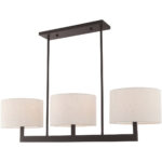 42427-07_03 11 inch 3 Light Bronze Linear Chandelier with Hand Crafted Oatmeal Color Fabric Outside & White Fabric Inside Hardback Shade-Lighting LumensChandeliers