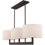 42427-07_04 11 inch 3 Light Bronze Linear Chandelier with Hand Crafted Oatmeal Color Fabric Outside & White Fabric Inside Hardback Shade-Lighting LumensChandeliers