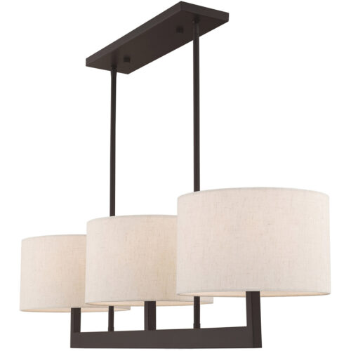 42427-07_04 11 inch 3 Light Bronze Linear Chandelier with Hand Crafted Oatmeal Color Fabric Outside & White Fabric Inside Hardback Shade-Lighting LumensChandeliers