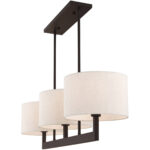 42427-07_05 11 inch 3 Light Bronze Linear Chandelier with Hand Crafted Oatmeal Color Fabric Outside & White Fabric Inside Hardback Shade-Lighting LumensChandeliers