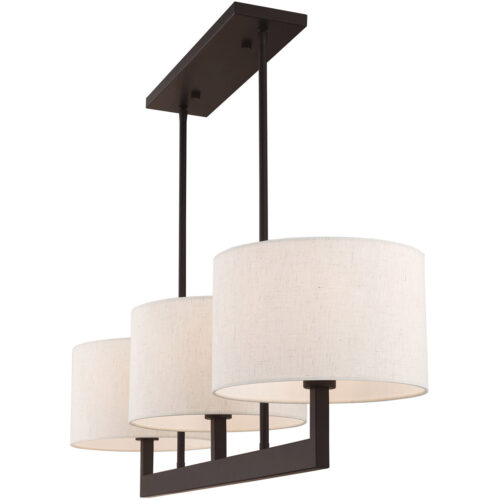 42427-07_05 11 inch 3 Light Bronze Linear Chandelier with Hand Crafted Oatmeal Color Fabric Outside & White Fabric Inside Hardback Shade-Lighting LumensChandeliers