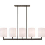 42428-07_01 7.5 inch 5 Light Bronze Linear Chandelier with Hand Crafted Oatmeal Color Fabric Outside & White Fabric Inside Hardback Shade-Lighting LumensChandeliers