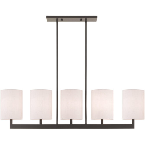 42428-07_01 7.5 inch 5 Light Bronze Linear Chandelier with Hand Crafted Oatmeal Color Fabric Outside & White Fabric Inside Hardback Shade-Lighting LumensChandeliers